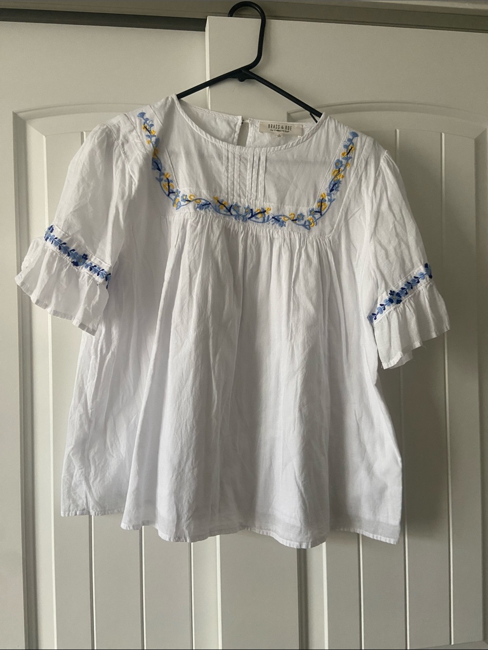 Rails White Peasant Blouse with Blue & Yellow Embroidery